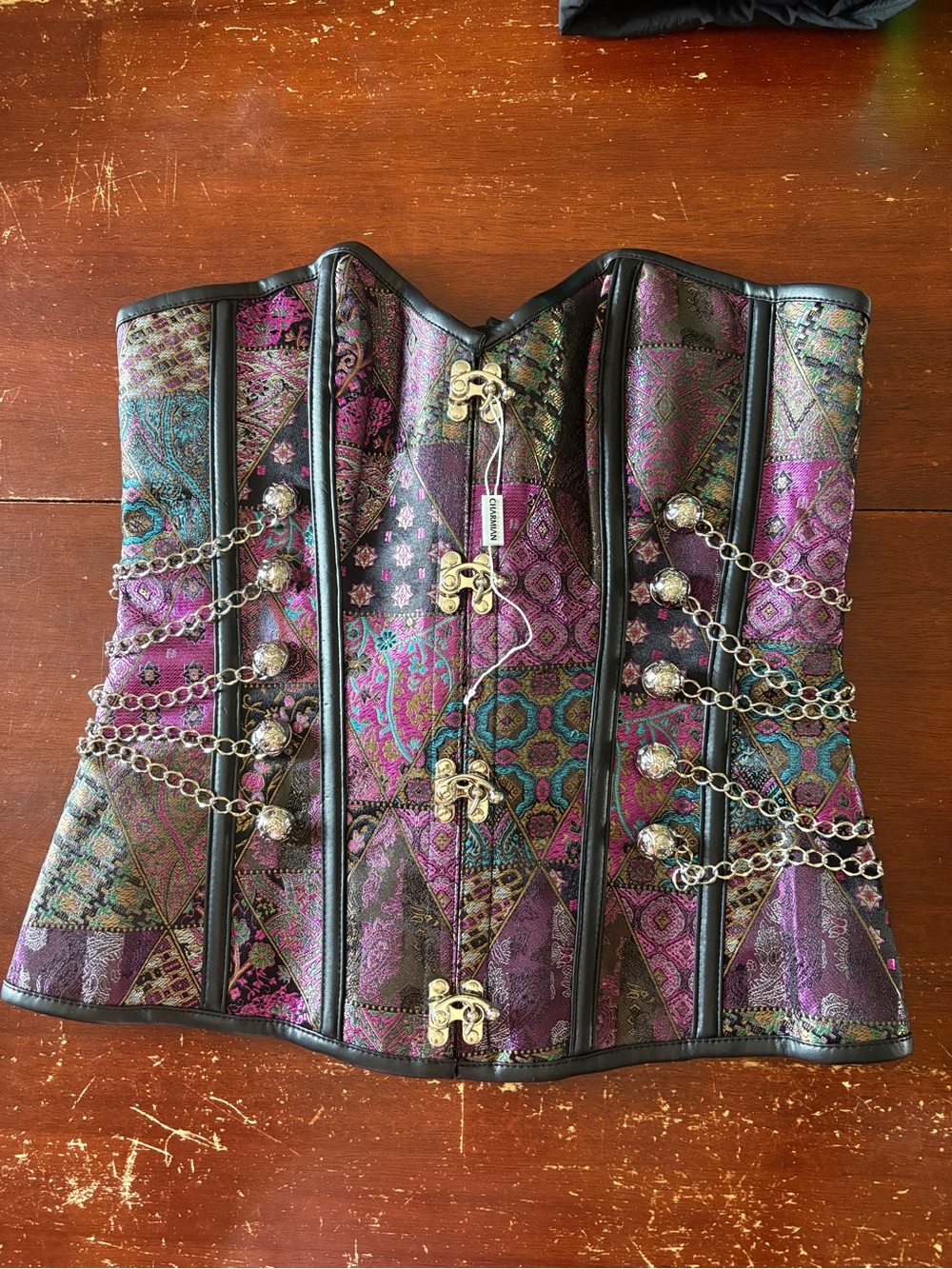 Decorative Brocade Lace-Up Corset in Purple Multi -Steampunk Club Costume